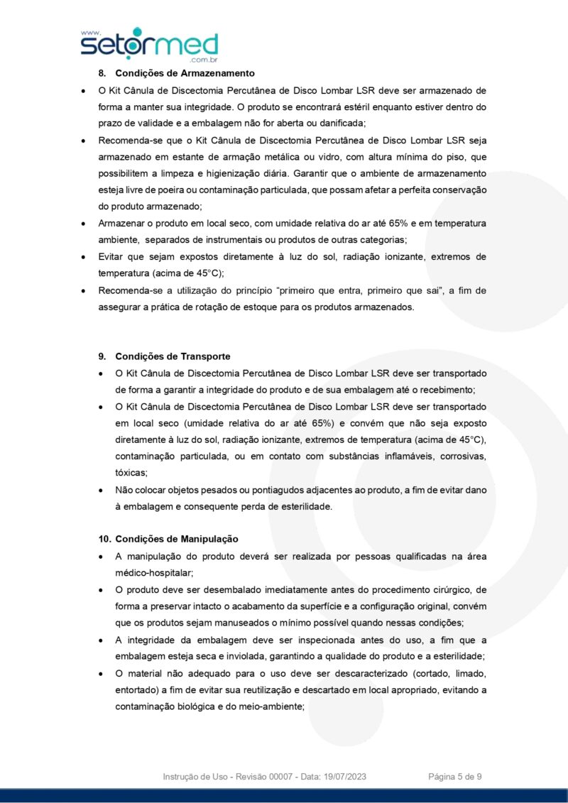 Kit Cânula de Discectomia Percutânea de Disco Lombar LSR